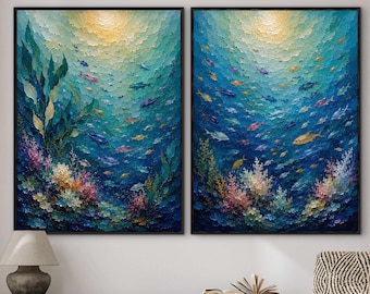 Coastal Diptych Wall Art, Underwater Ocean Canvas Set, Tropical Fish Painting, Coral Reef Artwork, Beach House Decor