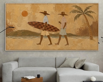 Surfer Wall Art, Coastal Lifestyle Painting, Beach Couple Canvas, Tropical Surf Decor, Modern Boho Coastal Artwork