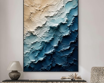 Pintura abstracta costera azul, obra de arte texturizada inspirada en el océano, decoración de pared moderna de gran tamaño, lienzo de lujo para casa de playa, pieza impactante.