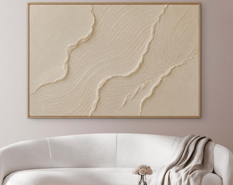Cuadro abstracto de gran tamaño con textura neutra, arte de pared en blanco crema, obra de arte minimalista moderna sobre lienzo, decoración beige de lujo, pieza decorativa personalizada.