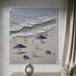 Hand-Painted 3D Textured Beach Oil Painting: Surfing Seascape Art