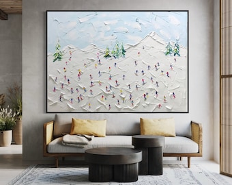 Landscape Original Snow Mountain Art, Hand-Painted Sport Art, Large 3D Textured Mountain Skiing Art, Abstract Oil Painting, Snowy Winter Art