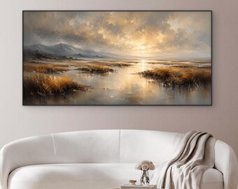 Pintura de paisaje dorado, arte mural de lago de montaña, gran lienzo de naturaleza, decoración rústica de lujo, paisaje con reflejo de puesta de sol