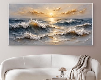 Cuadro gigante de olas del océano, arte mural costero extragrande, lienzo panorámico de paisaje marino, decoración de lujo para casas de playa, obra de arte oceánica impactante.