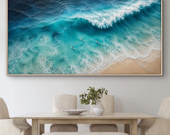 Breaking Wave Wall Art, Aerial Beach Painting, Coastal Ocean Canvas, Turquoise Seascape Artwork, Modern Beach House Decor