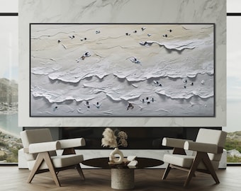 Textured Beach Painting: Neutral Coastal Abstract Art, Extra Large Canvas