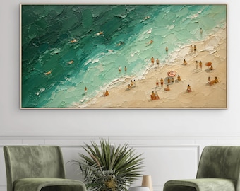 Aerial Beach Wall Art, Turquoise Ocean Painting, Summer Coastal Canvas, Beach Scene Artwork, Modern Seaside Decor