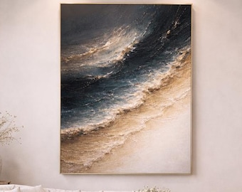 Pintura de olas oceánicas melancólicas, arte mural costero oscuro, lienzo de paisaje marino dramático, arte oceánico texturizado, decoración de casa de playa, pintura de olas grandes