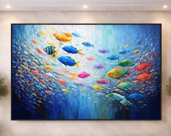 Pintura de peces tropicales grandes, arte mural submarino, coloridas ilustraciones de vida marina, decoración de casa de playa costera