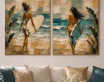 Coastal Diptych Wall Art, Set of 2 Beach Paintings, Surfer Girl Canvas Set, Tropical Beach House Decor, Surf Lifestyle Art