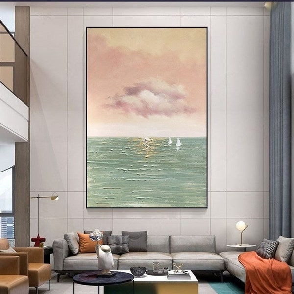 Colorful Ocean Abstract Artwork, Modern Waves Wall Art Extra Large Hand Painted Tropical Oil Painting On Canvas