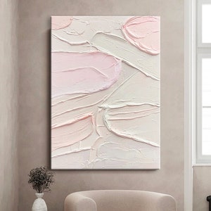 Hand Painted Textured Abstract Art: White & Pink Waves