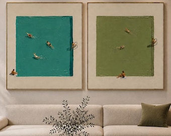 Pool Diptych Wall Art, Set of 2 Swimming Pool Paintings, Modern Minimalist Canvas, Luxury Resort Decor, Contemporary Wall Art
