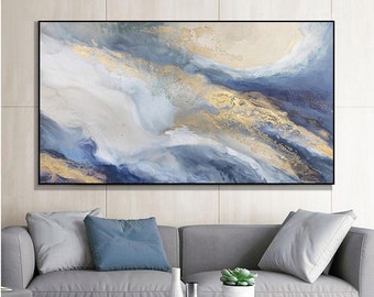 Hand Painted Contemporary Art Modern Light Tone White Blue Gold Minimalist Textured Abstract  Brush Stroke Extra Large Painting Wall Art