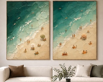 Beach Diptych Wall Art, Coastal Ocean Painting Set, Aerial Beach Canvas, Modern Seascape Decor, Large Coastal Wall Art