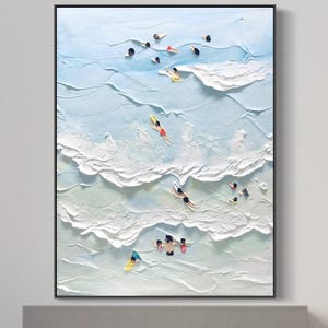 Het kunstwerk "The Beach Joys Ocean Surfing Art", handgeschilderd, extra groot, zwaar gestructureerd olieverfschilderij met zwemmen, kustdecoratie voor aan de muur.
