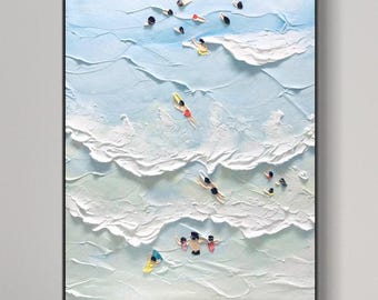 The Beach Joys Ocean Surfing Art, Hand Painted Extra Large Heavy Textured Swimming Oil Painting, Coastal Wall Art
