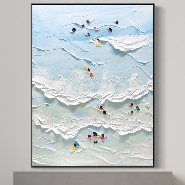 The Beach Joys Ocean Surfing Art, handgemaltes extra großes schweres strukturiertes Schwimmen Ölgemälde, Küstenwandkunst