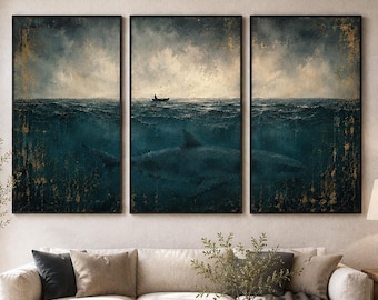 Whale Triptych Wall Art, Dark Ocean Canvas Set, Fisherman Seascape Painting, Moody Coastal Decor, Set of 3 Marine Artwork