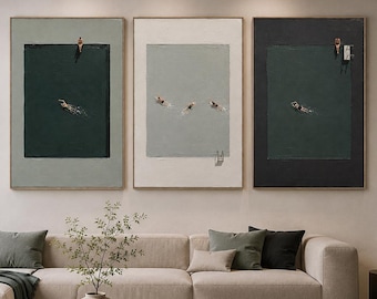 Pool Triptych Wall Art, Modern Swimming Pool Painting, Minimalist Coastal Canvas, Luxury Resort Decor, Contemporary Pool Wall Decor