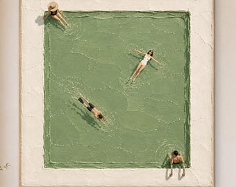 Sage Green Poolside Figures, Original Oil Painting, Swimming Pool Art, Minimalist Textured Summer Wall Art