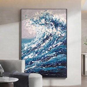 3D Sea Wave Oil Painting: Extra Large Textured Vertical Wall Art