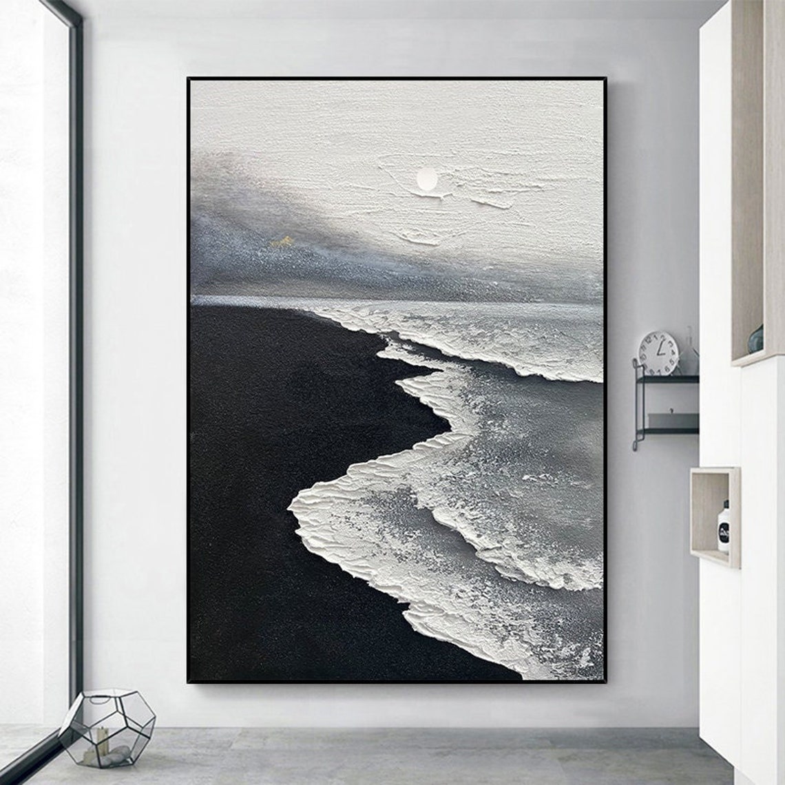 Oversize Abstract Art Painted Black White Peaceful Beach Heavy Etsy