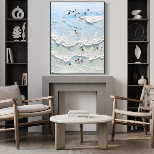 La plage, joies de l'océan, art du surf, peinture à l'huile extra large, texturée et peinte à la main, représentant la natation, art mural côtier