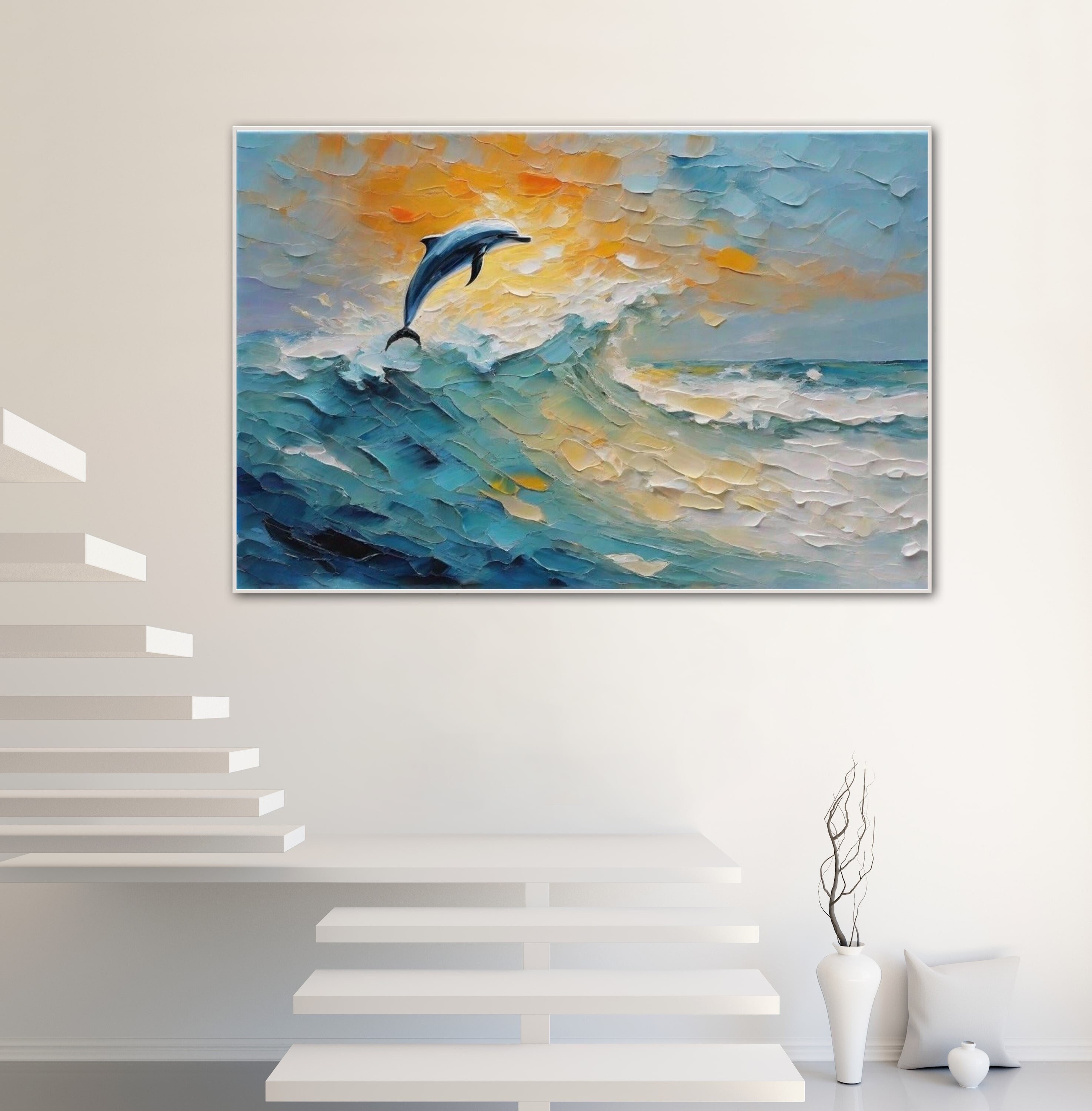 Dolphin Jumping out of the Water Painting, Original Coastal Sunset Artwork, Vibrant Seascape Artwork, Hand-Painted Thick Textured Wall Art