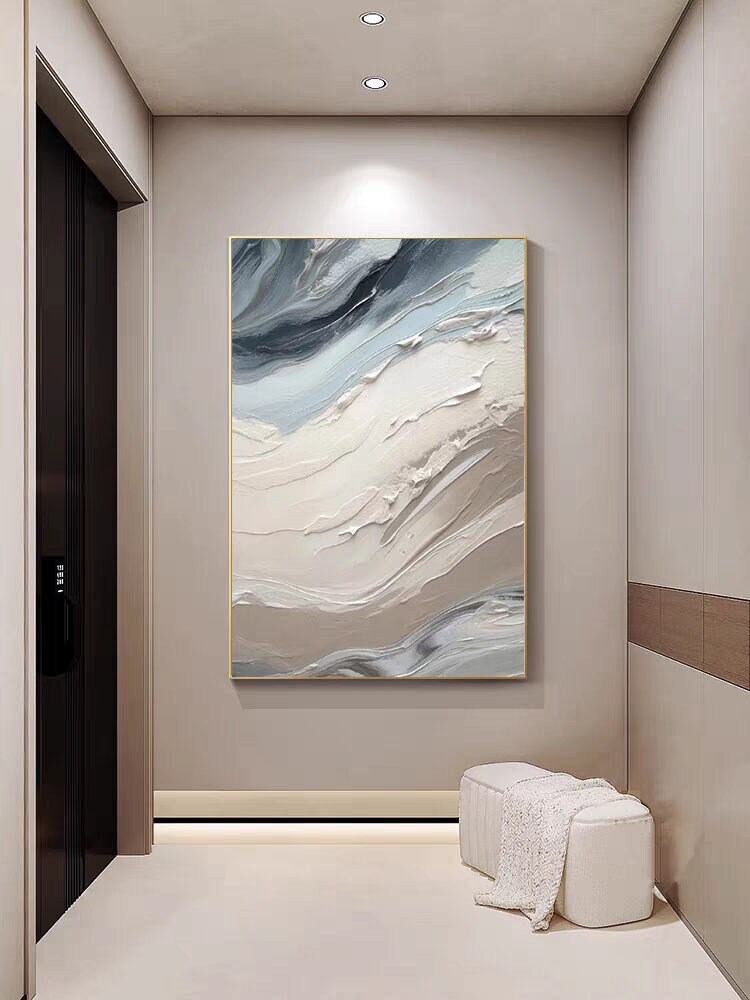 Extra Large Earth Tone Blue and White Painting, Vertical Wabi-Sabi Style Artwork, Hand-Painted Heavy Textured Art, Minimalist 3D Wall Decor