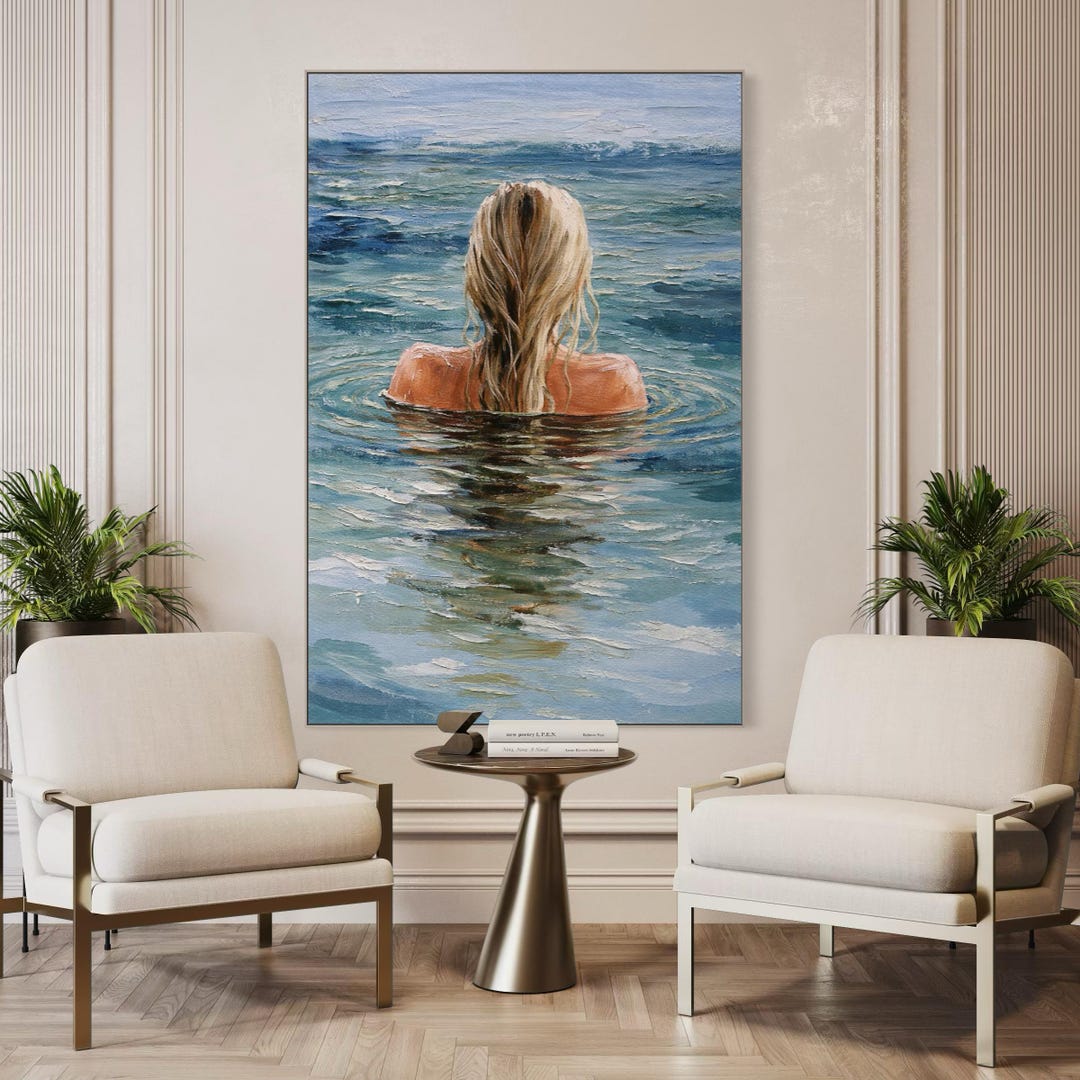 Original Oil Painting Woman in Ocean, Coastal Seascape Artwork, Hand ...