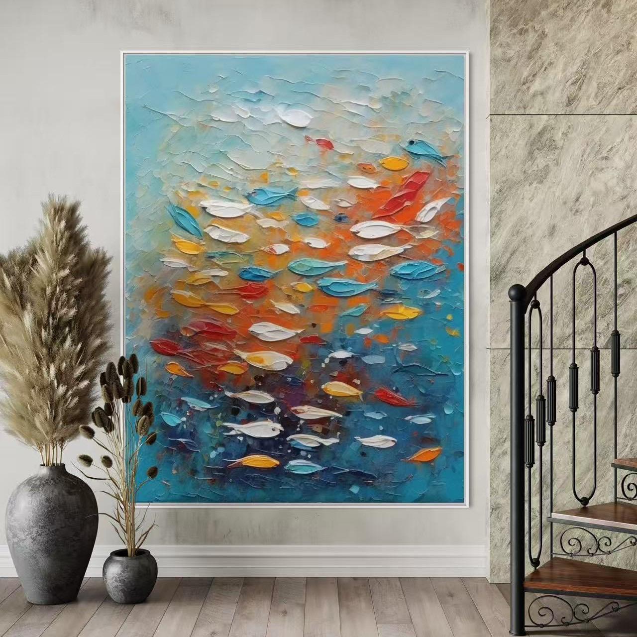 Abstract Fish Painting: Multicolored Acrylic Canvas Art, Oversized Wall Decor