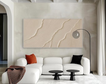 Pintura abstracta con textura color crema, arte mural minimalista neutro, obra de arte en lienzo beige de gran tamaño, decoración moderna de lujo para el hogar, arte con textura escultórica.