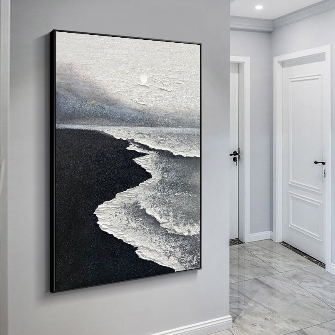 Oversize Abstract Art Painted Black White Peaceful Beach Heavy Etsy