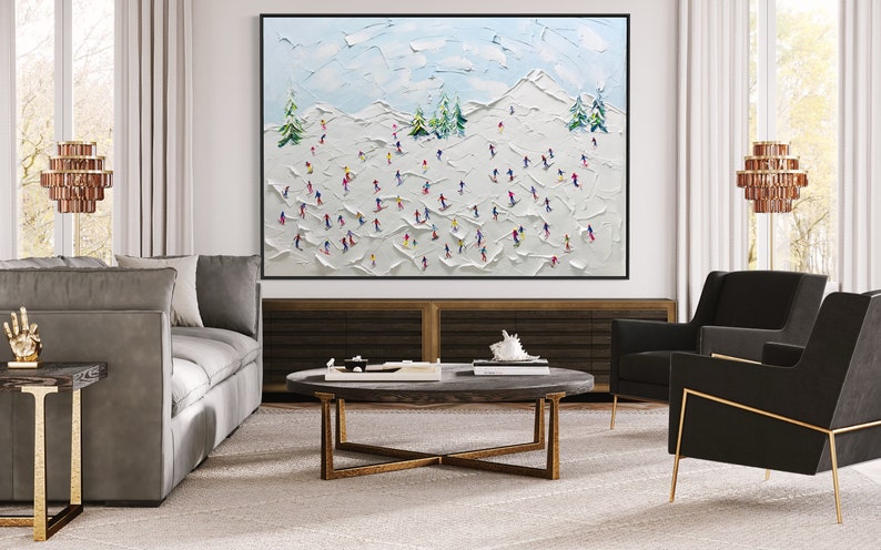 Landscape Original Snow Mountain Art, Hand-Painted Sport Art, Large 3D Textured Mountain Skiing Art, Abstract Oil Painting, Snowy Winter Art image 8