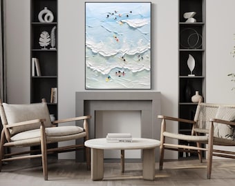 The Beach Joys Ocean Surfing Art, Hand Painted Extra Large Heavy Textured Swimming Oil Painting, Coastal Wall Art