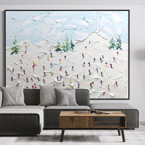 Landscape Original Snow Mountain Art, Hand-Painted Sport Art, Large 3D Textured Mountain Skiing Art, Abstract Oil Painting, Snowy Winter Art image 3