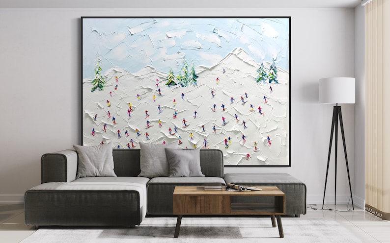 Landscape Original Snow Mountain Art, Hand-Painted Sport Art, Large 3D Textured Mountain Skiing Art, Abstract Oil Painting, Snowy Winter Art image 3