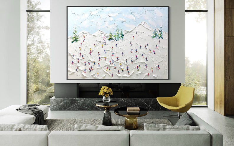 Landscape Original Snow Mountain Art, Hand-Painted Sport Art, Large 3D Textured Mountain Skiing Art, Abstract Oil Painting, Snowy Winter Art image 5