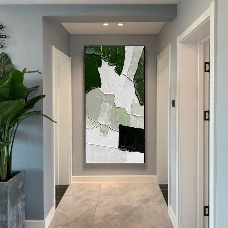 Extra Large Painting Heavy Brush Stroke Minimalist Green White Thick