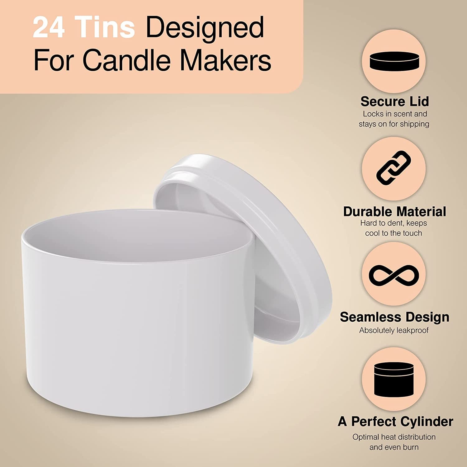 True Candle, 24x 8oz Candle tins, Edgeless Cylinder Design