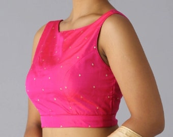 Pink Sleeveless Back Open Padded Blouse, Cotton Lined Indian Saree Top