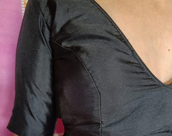 Black Party Wear Back Open V Neck Padded Blouse for Saree, Handmade Cotton Lining Short Sleeve Blouse