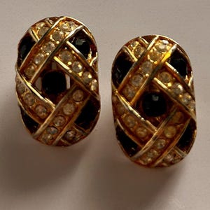 Vintage black and gold rhinestone clip on earrings