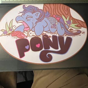 May include: A blue and purple cartoon pony with a pink bow is lying on its side in the dirt. The pony is crying and has a tattoo on its rear end that says "WYSEN". The word "PONY" is written in brown letters with pink hearts on either side.