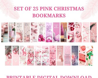 Printable Christmas Bookmarks, Pink Christmas & Winter Bookmarks, Instant Download Set of 25 Printable Christmas Bookmark, Book Lover Gift
