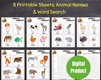 Aprendizaje de nombres de animales en español para niños, Pintables en español para principiantes, 24 animales, Búsqueda de palabras de animales en español, Vocabulario digital a todo color