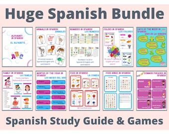 Learning Spanish Bundle, Spanish Worksheets for Kids, Printable Spanish Flashcards, Spanish Word Search, Bingo, Matching game in Spanish