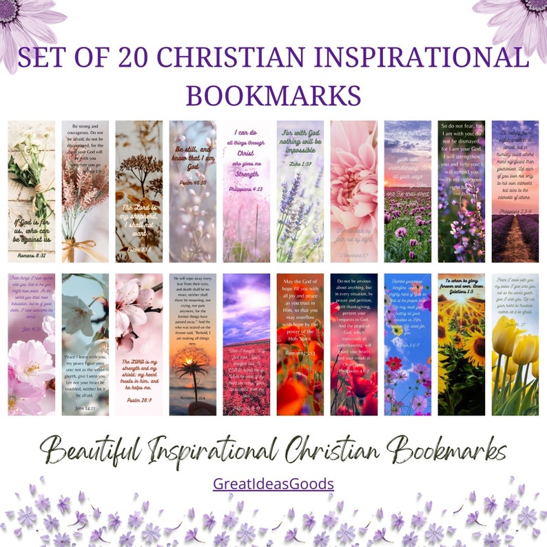 Printable Christian Inspirational Bookmarks, Bible Verses Bookmarks, Instant Download Set of 20 Printable Motivational Bookmarks image 1