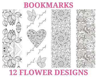 Printable Coloring Bookmarks, Flower Bookmarks, Instant Download Set of 12 Printable Coloring Pages Bookmark, Coloring Pages Flower Bookmark